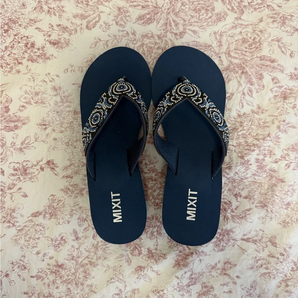 Mixit Blue Wedge Beaded Thong Sandals
